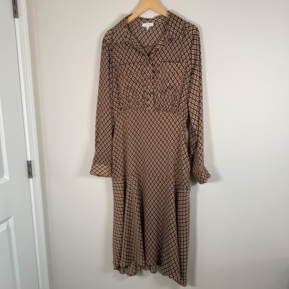 Calista Diamond Print Pattern BOHO 1/4 Button Up Long Sleeve Maxi Dress Medium